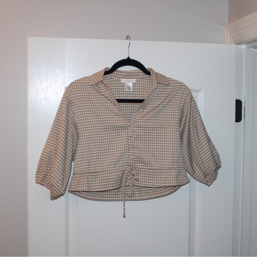 Brown Plaid Button-Up Crop Top